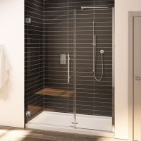 60 x 36 center drain acrylic shower pan with a pivoting glass door - Innovate Building Solutions 