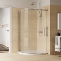 Arc shaped corner shower with a low profile pan in brushed nickel finish - NOV Collection by Innovate Building Solutions 