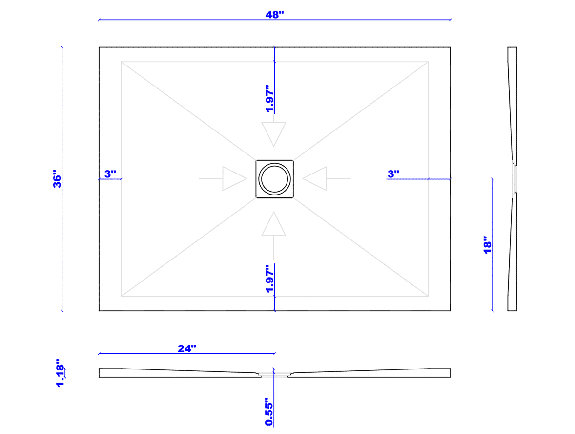48 x 36 in. low profile shower base with center drain schematic