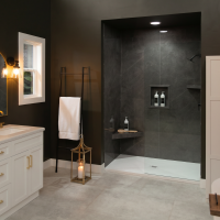 Graphite Marble InnovaShower with a InnovaStone matte white bases center drain