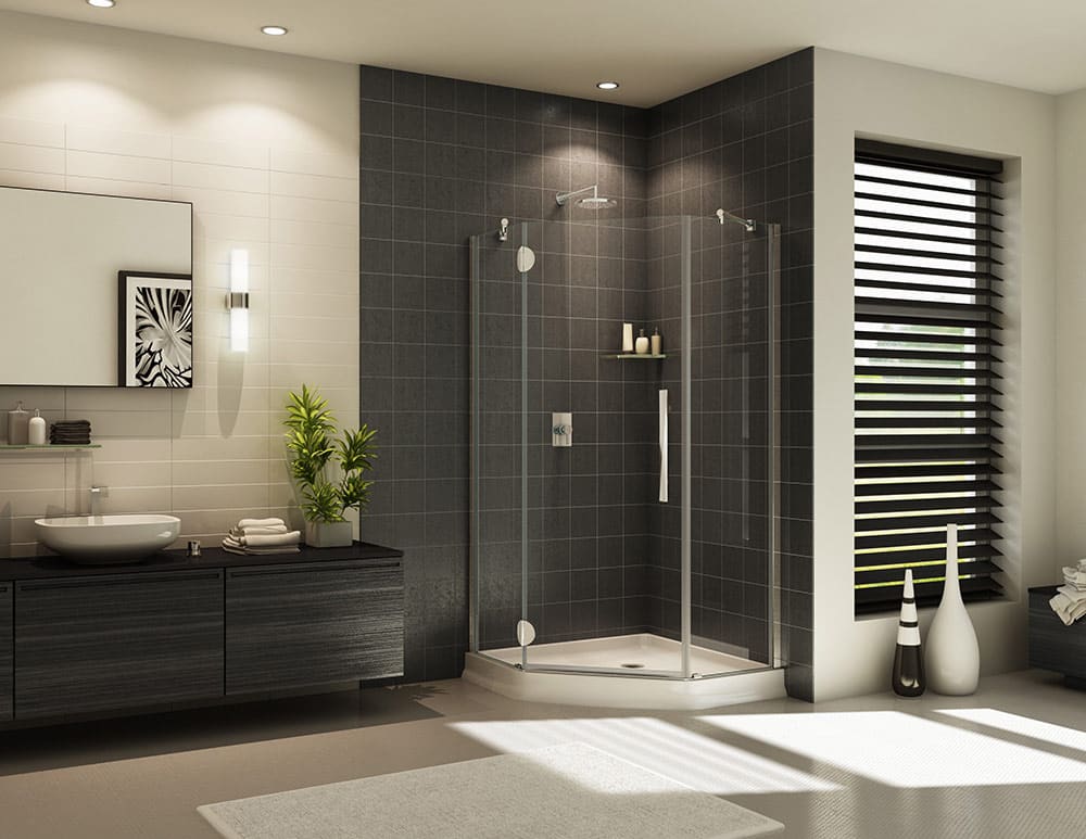 Frameless NEO angle shower with support bars and round hinges- PL Collection from Innovate Building Solutions 
