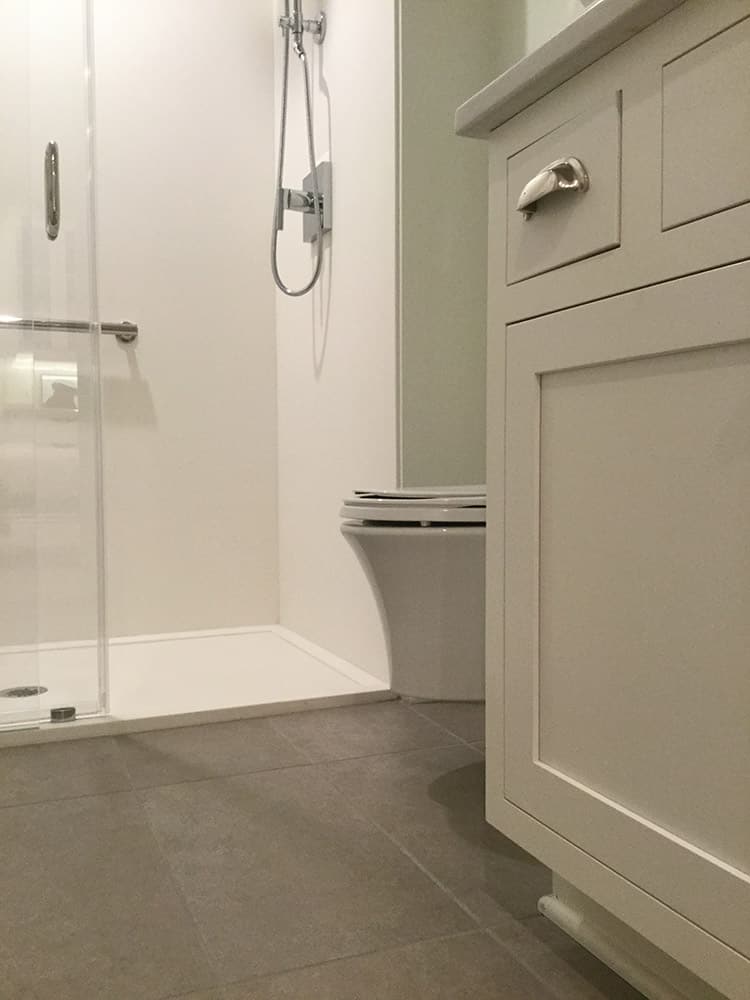 Low profile shower pan and matte finish smooth white walls in a transitionalist bathroom design 