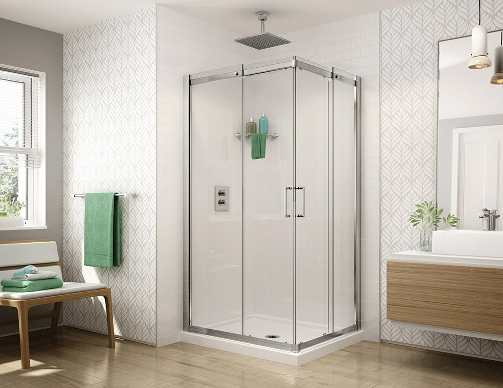 Square semi-frameless corner pivoting shower doors in a chrome finish 1/4