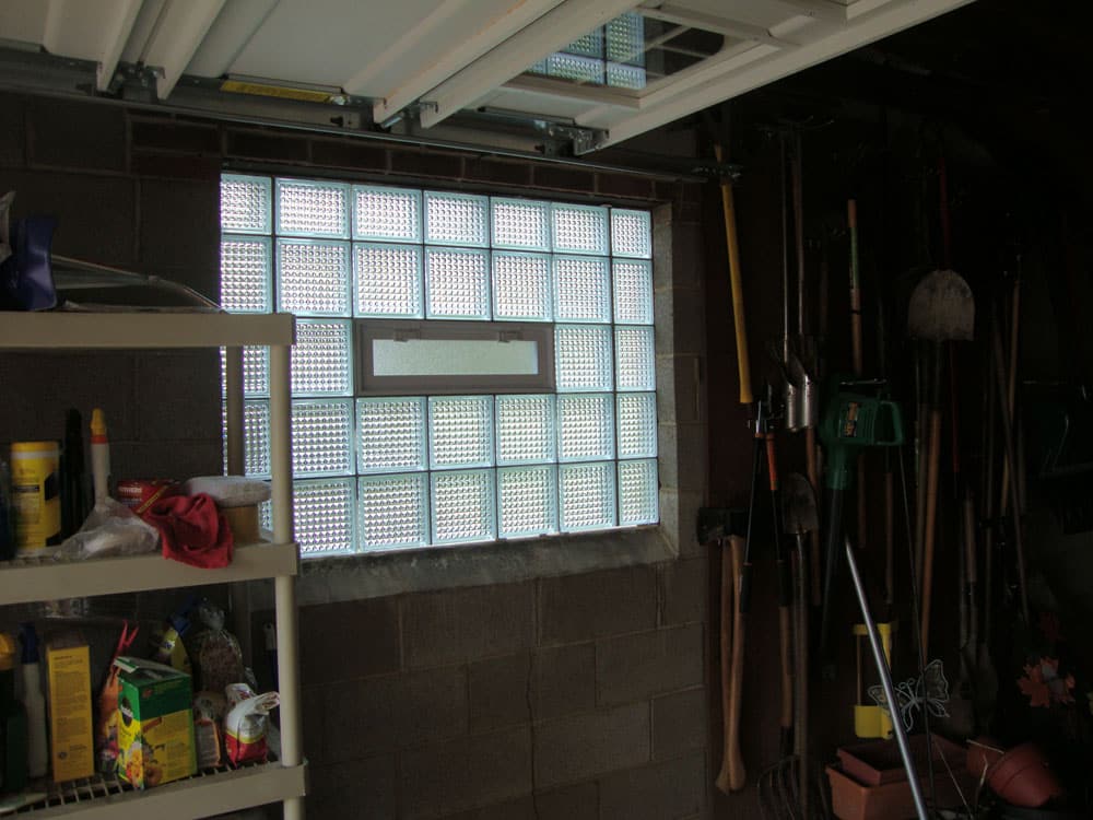 Glass block garage window with a vent in a masonry wall in Columbus Ohio 