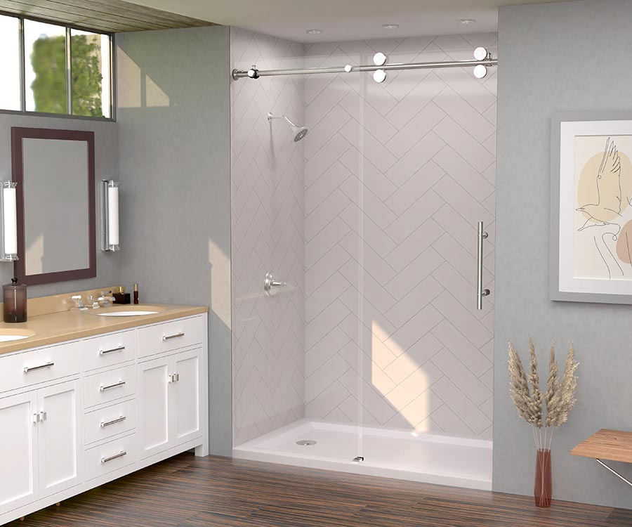 Modern bathroom with low profile shower pan and white herringbone grout free laminate wall panels 