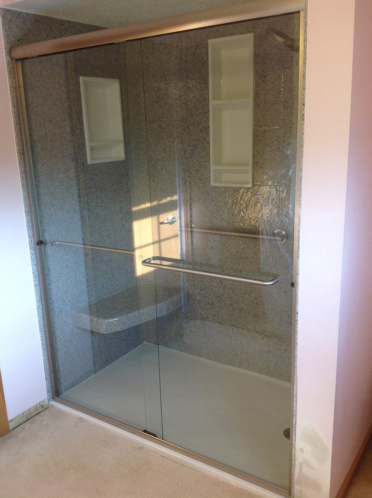 60 x 32 white low profile custom cultured marble shower pan with a extended bench seat - Innovate Building Solutions 