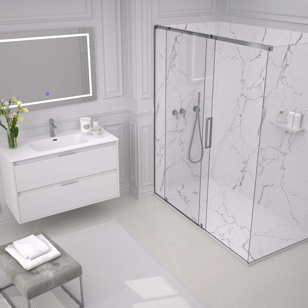 Marble shower pan with sliding glass door