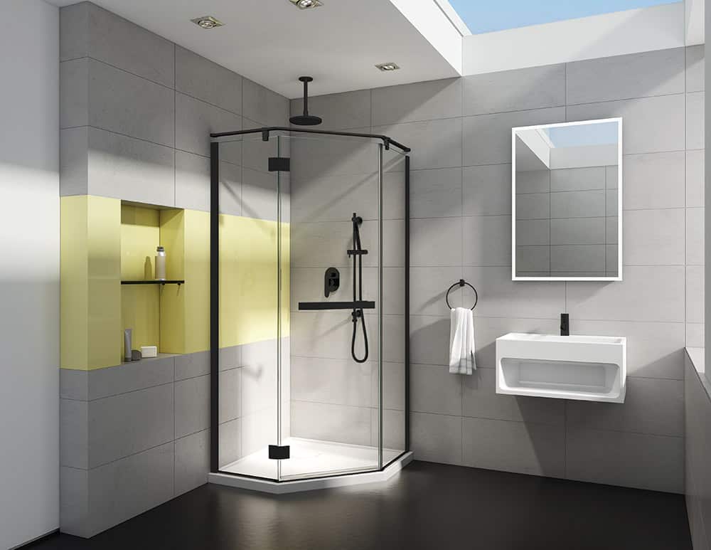 NEO Matte Black Angle pivoting shower door on a NEO angle base with 1/4