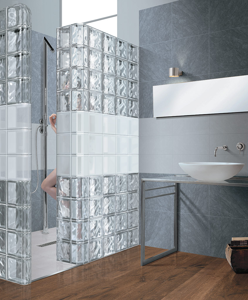 Frosted and clear glass block walls in a shower - Innovate Building Solutions 