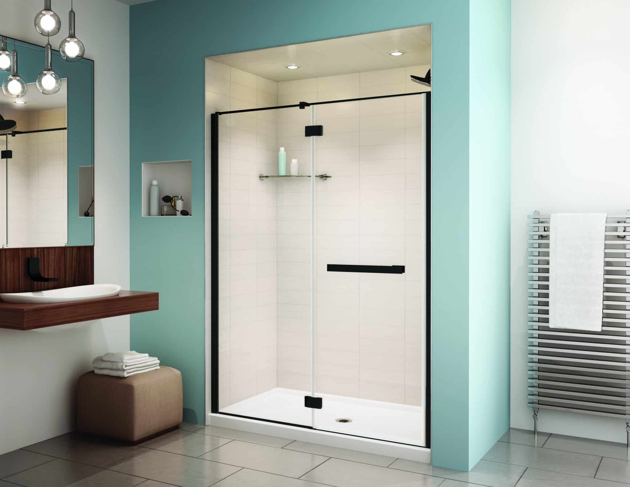 PURA Pivot door and fixed panel - glass-to-glass hinges