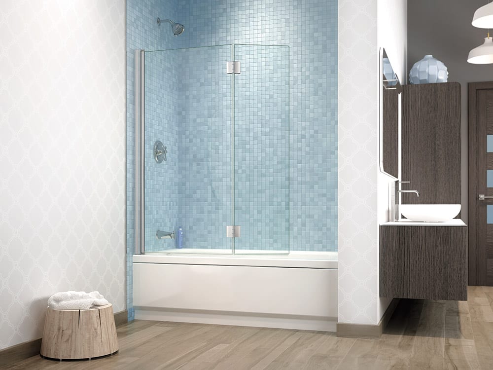 Bi-fold glass tub panels allow full access to tub and shower handles chrome finish 1/4