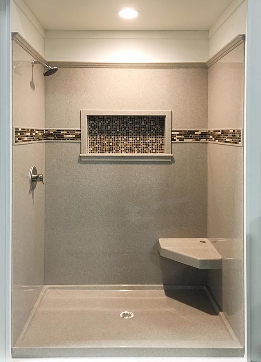 Solid surface shower wall panel decorative tile and recessed niche with crown molding 