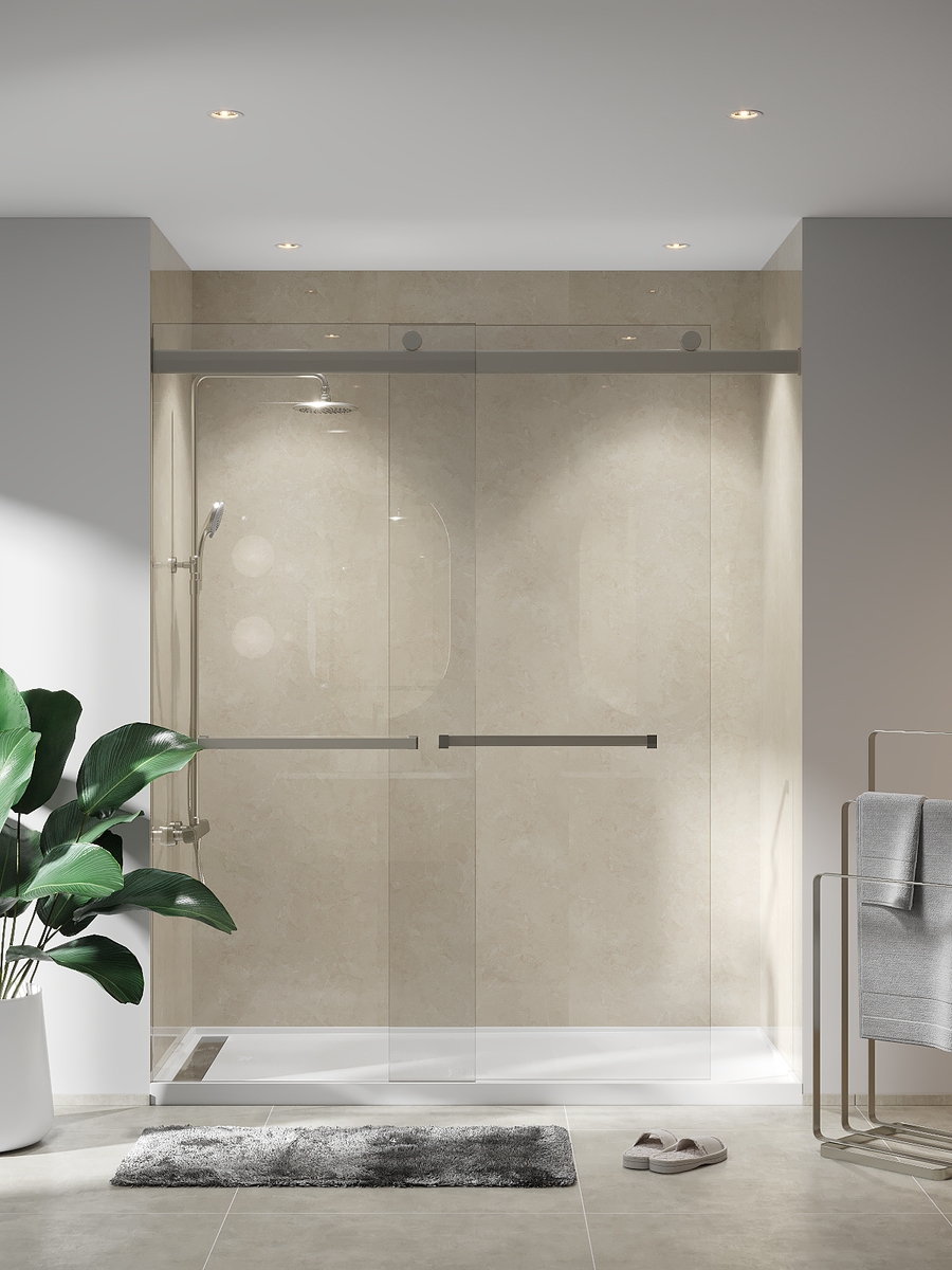 Travertine laminate panels in a modern bathroom Innovate Building Solutions 