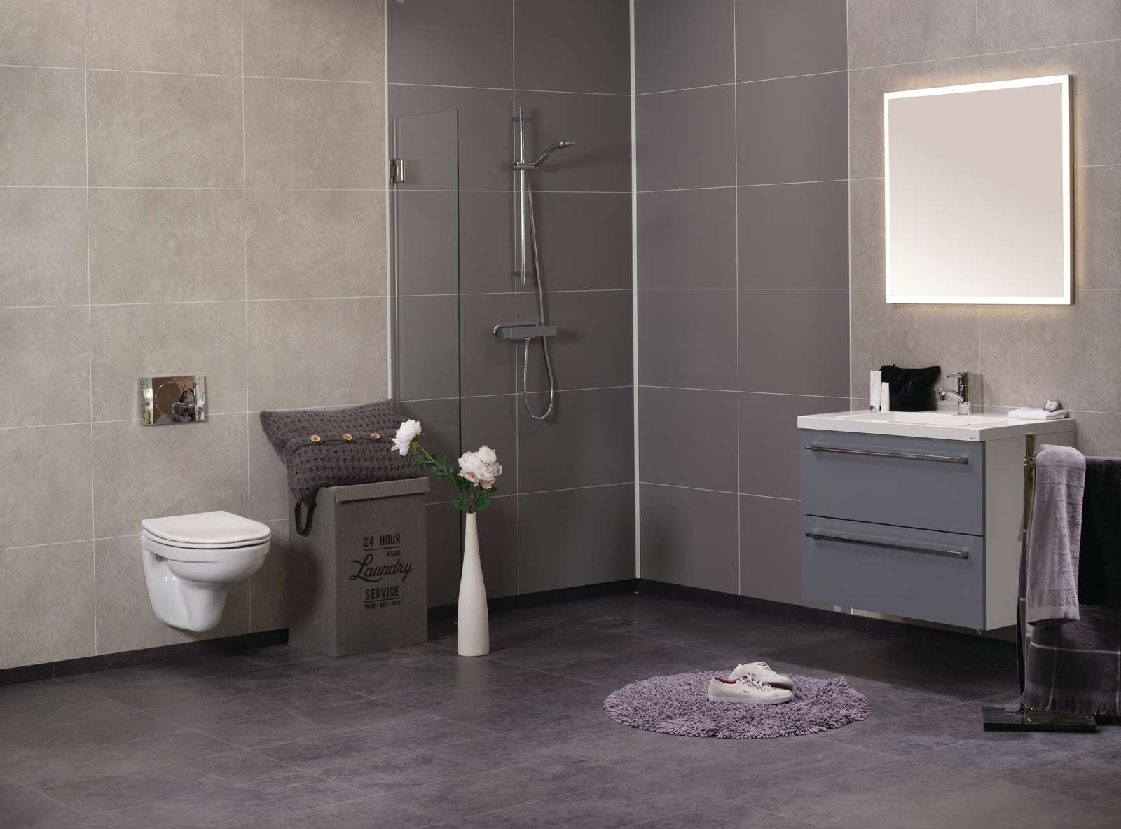 Grey Sahara 24 x 16 - Bathroom wall surrounds shown in the shower