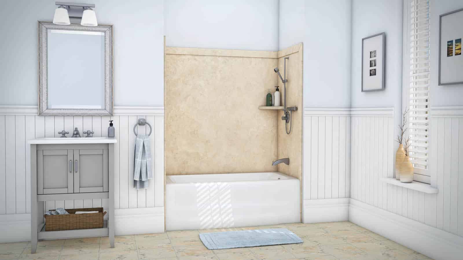 creme travertine tub kit with a corner shelf 