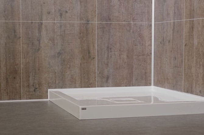 Acrylic shower base with Fibo rough wood 24 x 24 wall panels 