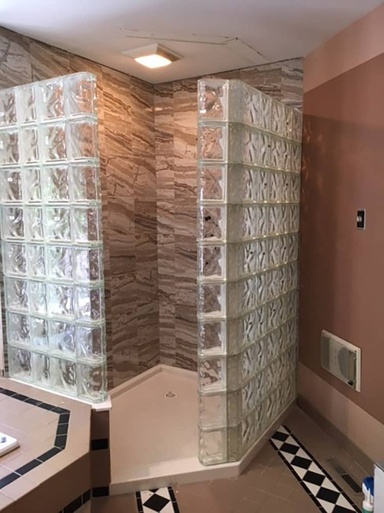 Custom NEO angle shower pan with prefabricated angled glass block walls and ceramic tile walls 